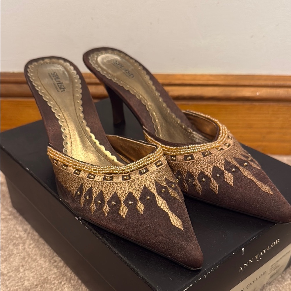 Splash Brown and Gold Embellished Heels